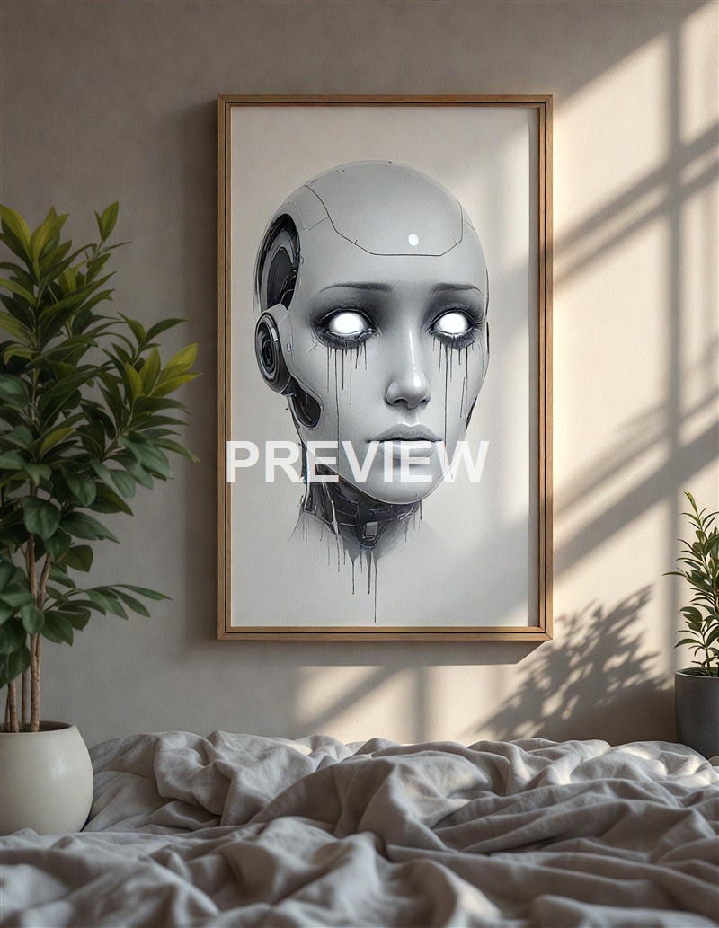 A framed digital artwork or poster of a humanoid robot with a metallic face, glowing eyes, and black streaks resembling tears, hanging on a wall in a room with natural light and plants.